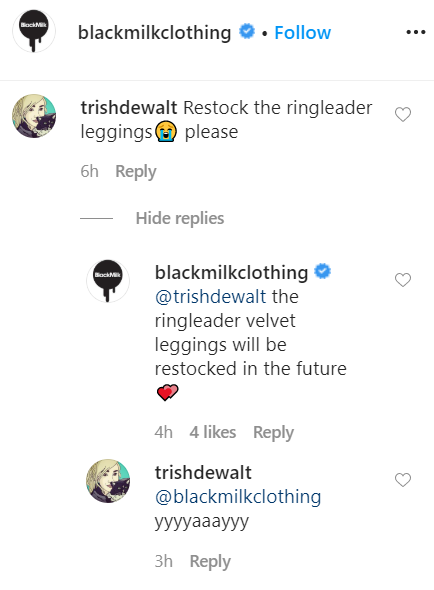 black milk instagram response