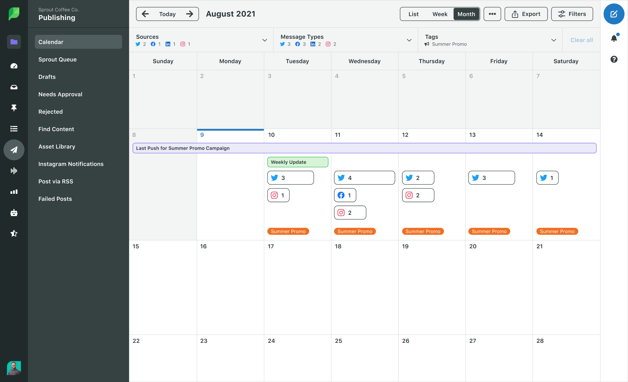 calendar showing campaign management in sprout
