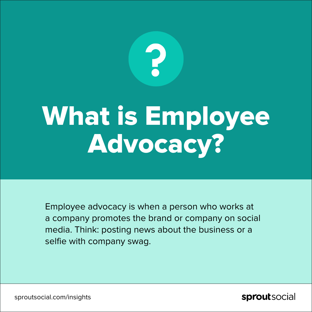 A green graphic that defines employee advocacy as when a person who works at a company promotes the brand or company on social media.