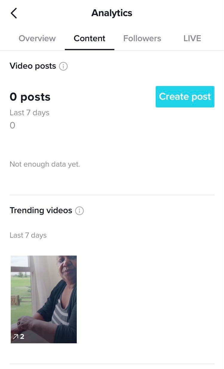 TikTok Analytics content section showing video posts and trending videos over the last seven days. 