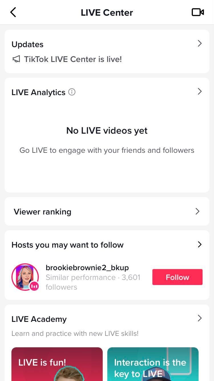 TikTok's LIVE Center homepage with tabs for updates, LIVE analytics, viewer ranking, suggested hosts to follow and the LIVE Academy. 
