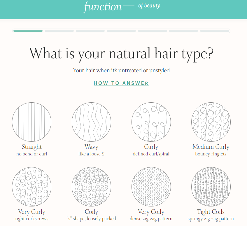 Function of Beauty quizz for customers to find their custom hair formula