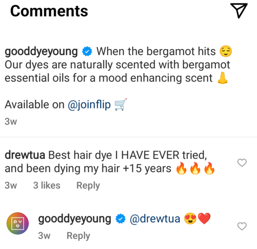 good dye young positive customer sentiment example on instagram