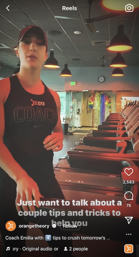 An OrangeTheory Instagram Reel featuring a trainer in one of the gyms on a treadmill as they provide training tips.