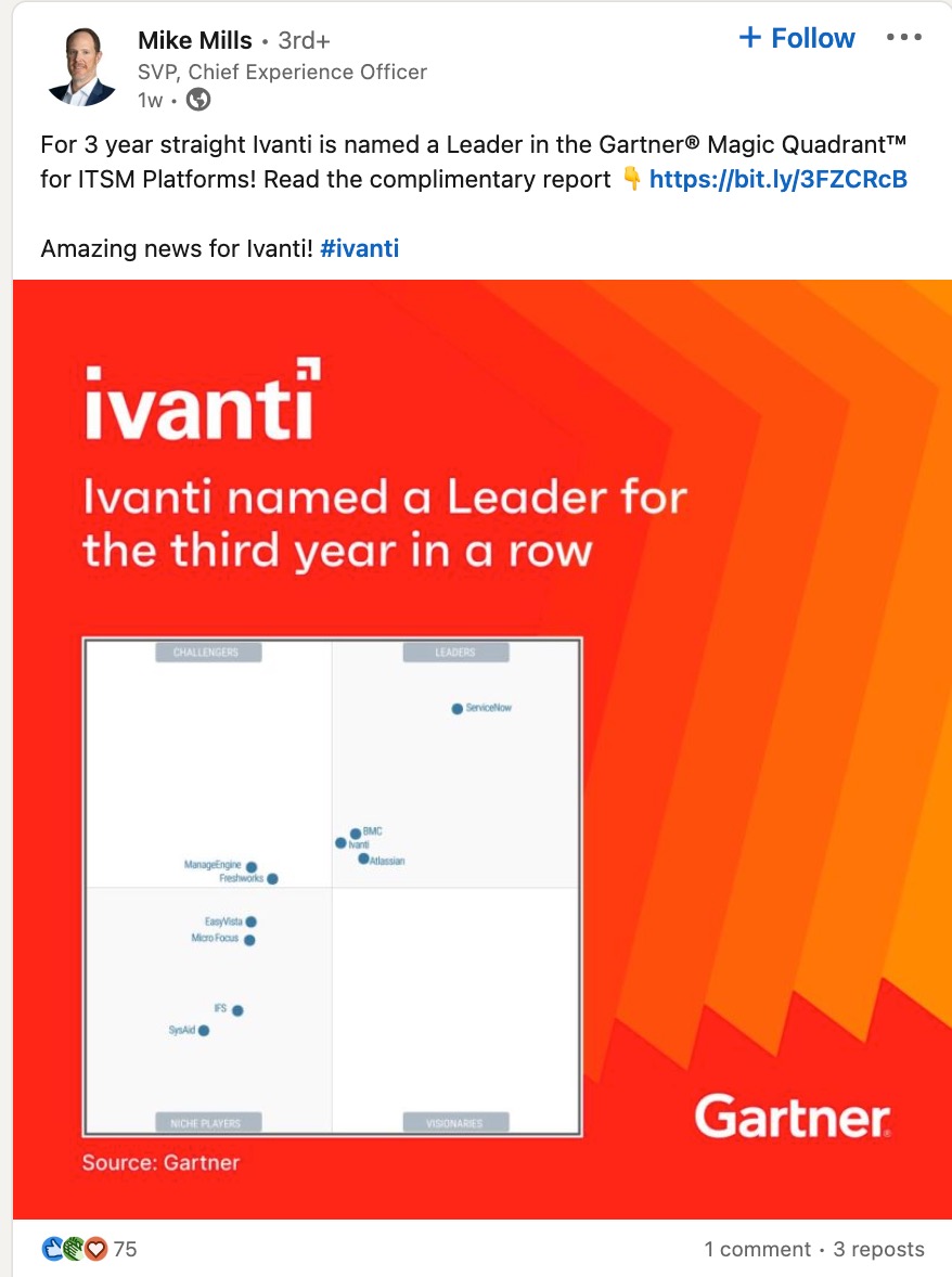 A screenshot of a LinkedIn post from Mike Mills, SVP, Chief Experience Officer at Ivanti. The post says “For 3 years straight Ivanti is named a Leader in the Gartner Magic Quadrant for ITSM Platforms. Read the complimentary report below. Amazing news for #Ivanti!”. The post has 75 reactions, 1 comment and 3 reposts. 