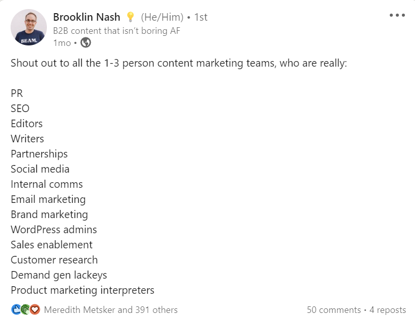 LinkedIn post with a list of roles involved in content marketing