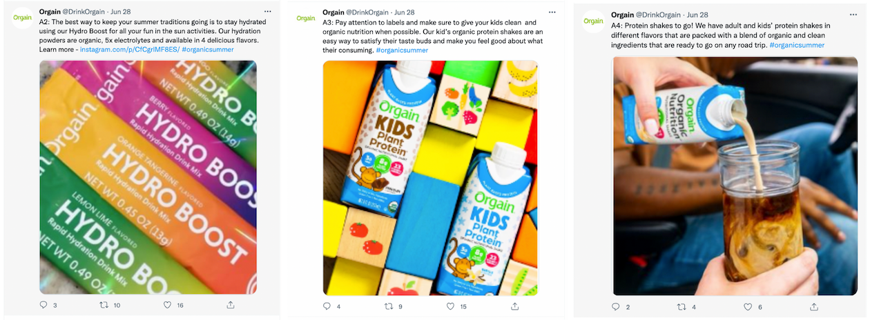 A screenshot of multiple tweets by Orgain. The tweets contain tricks for healthy eating. The attached images are bright and colorful images of Orgain products.