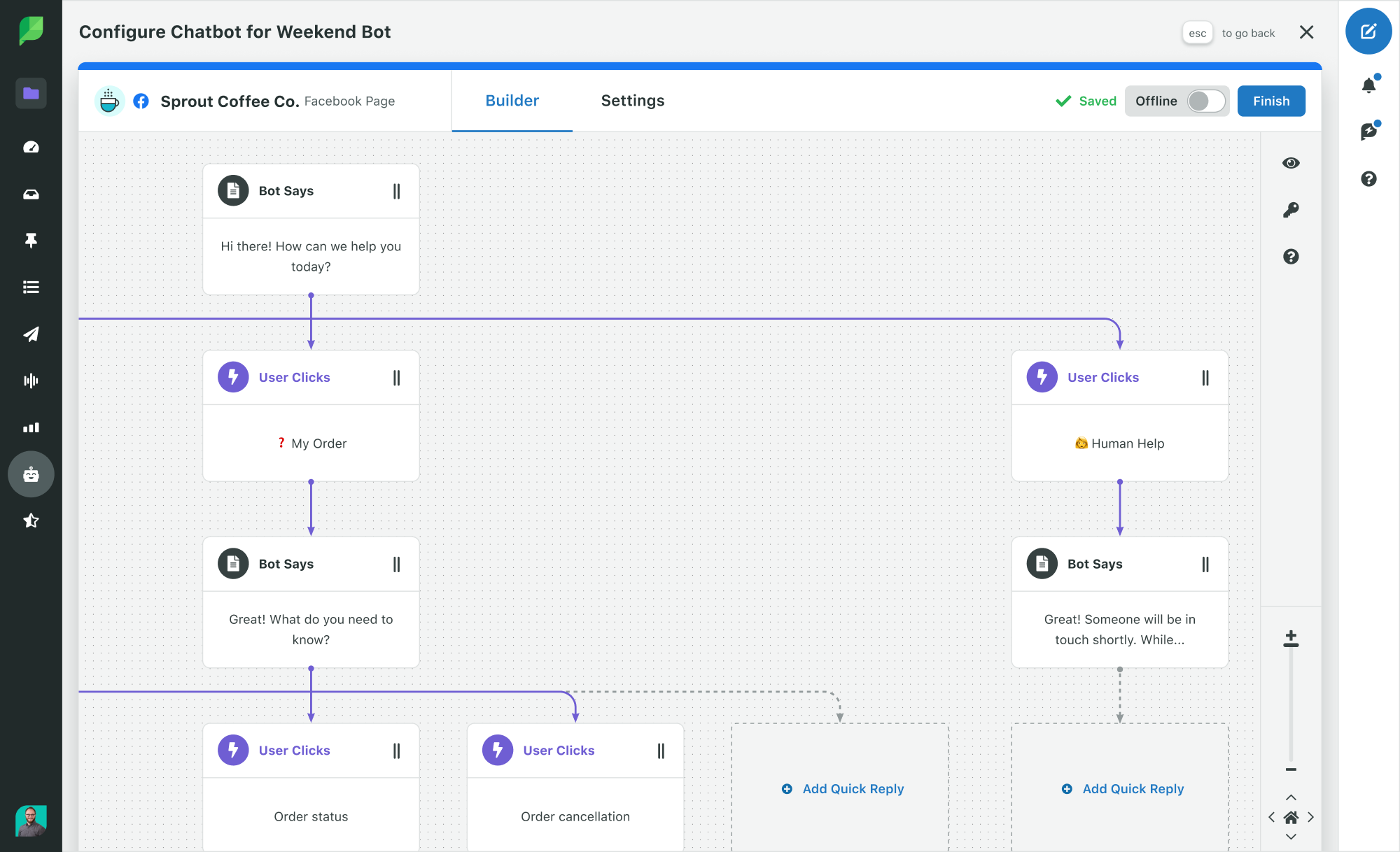A screenshot of Sprout Social's Bot Builder workflow. The rule-based chatbot set up resembles a flowchart, offering different paths for users to take depending on their needs. 