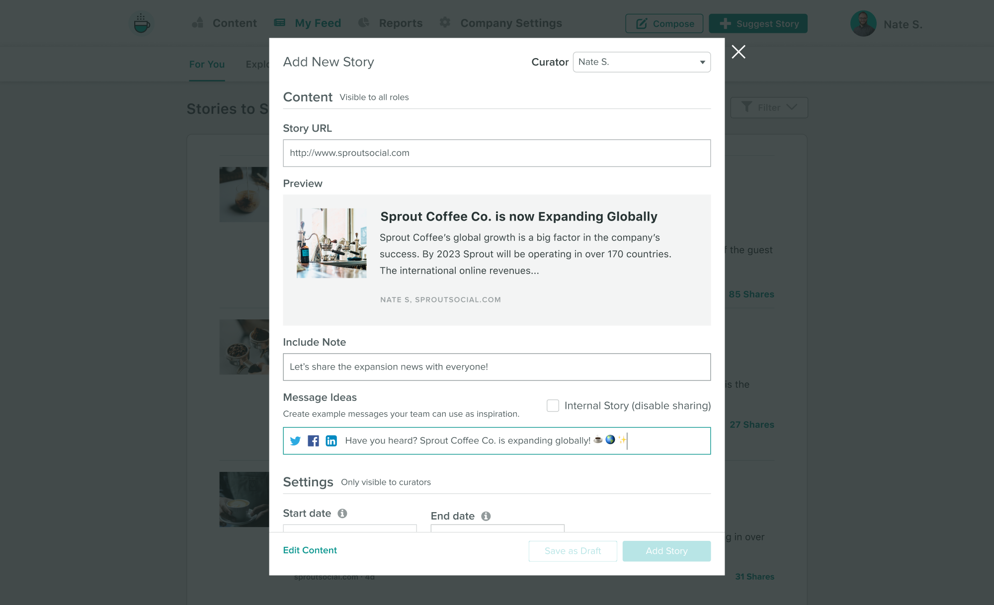 An example of how to add an approved story in Sprout's Employee Advocacy tool