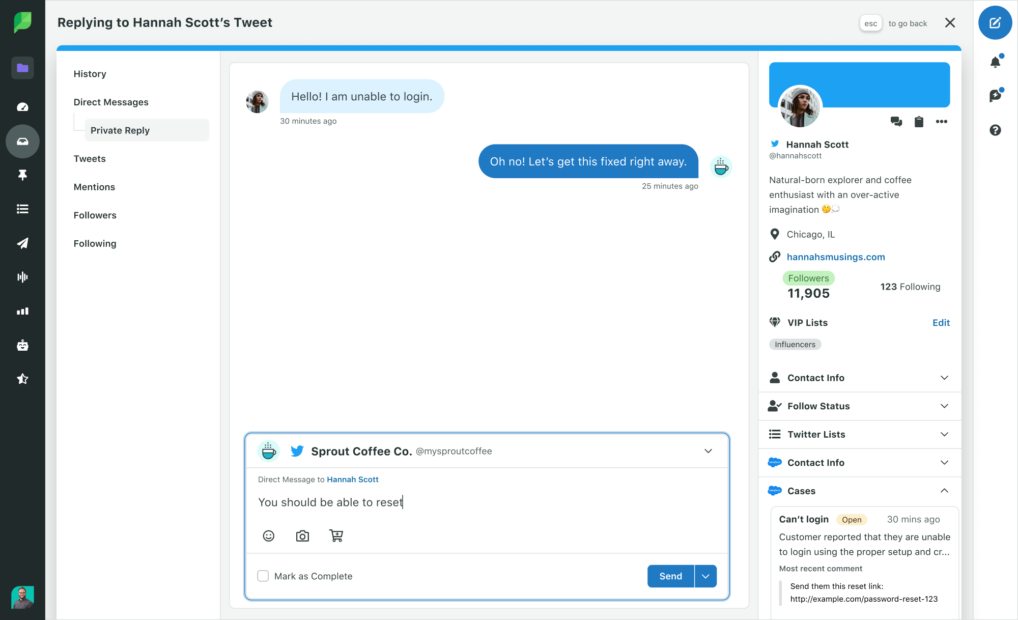 Screenshot of Sprout Social's Smart Inbox that demonstrates the Salesforce data you can access while messaging customers.