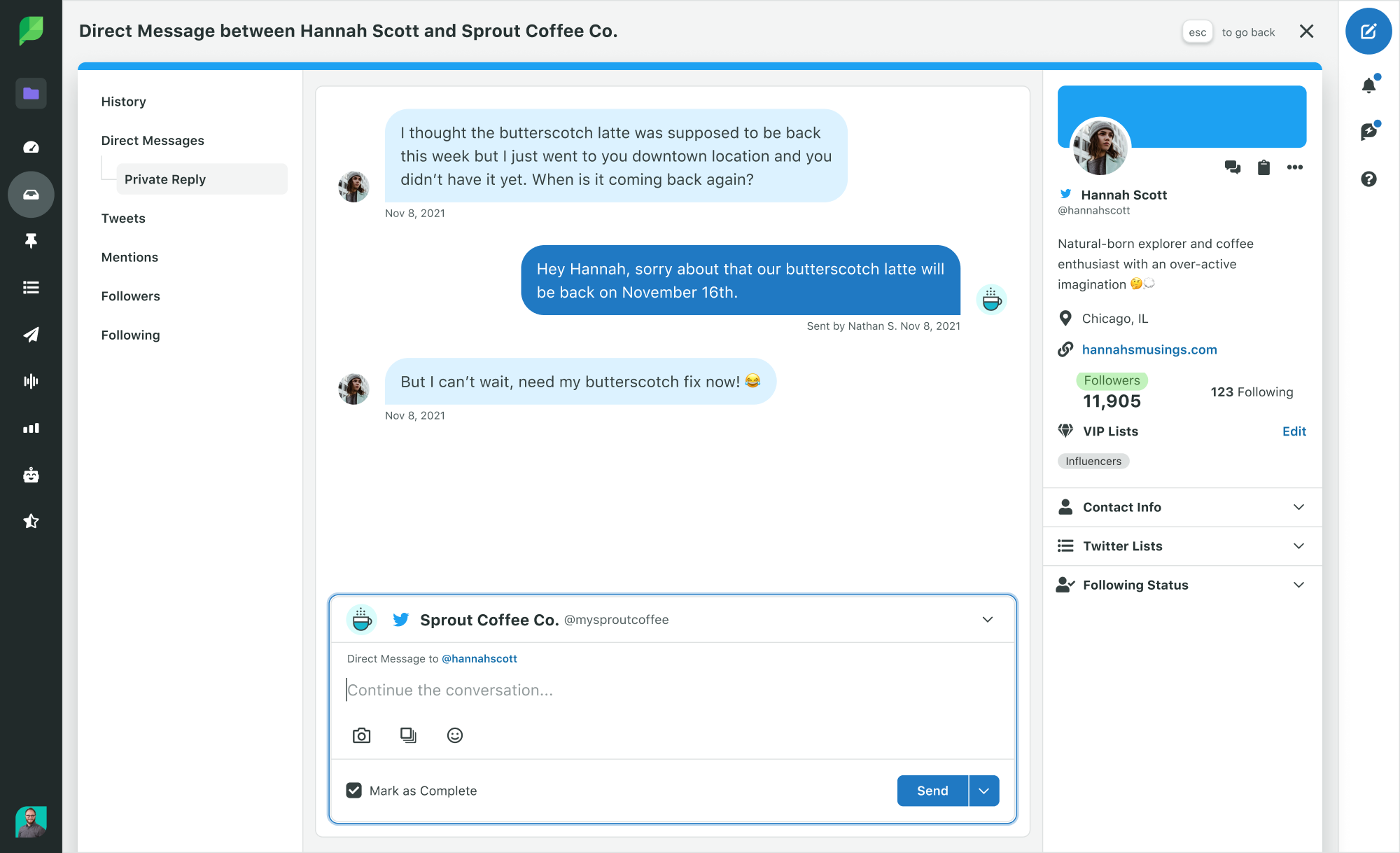 A screenshot of an example Twitter direct message exchange in the Sprout Social platform. In the exchange between the customer and the company, the customer contact information and past experiences appear in the right side bar.
