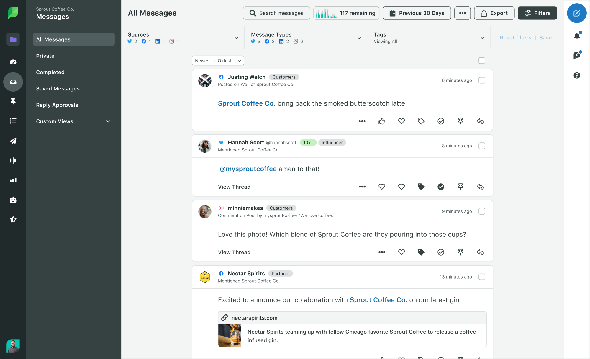 A screenshot of Sprout Social's Smart Inbox tool that demonstrates a brand receiving all incoming messages and mentions from social in a single stream. In the image, you can see incoming messages from Facebook, Twitter and Instagram.