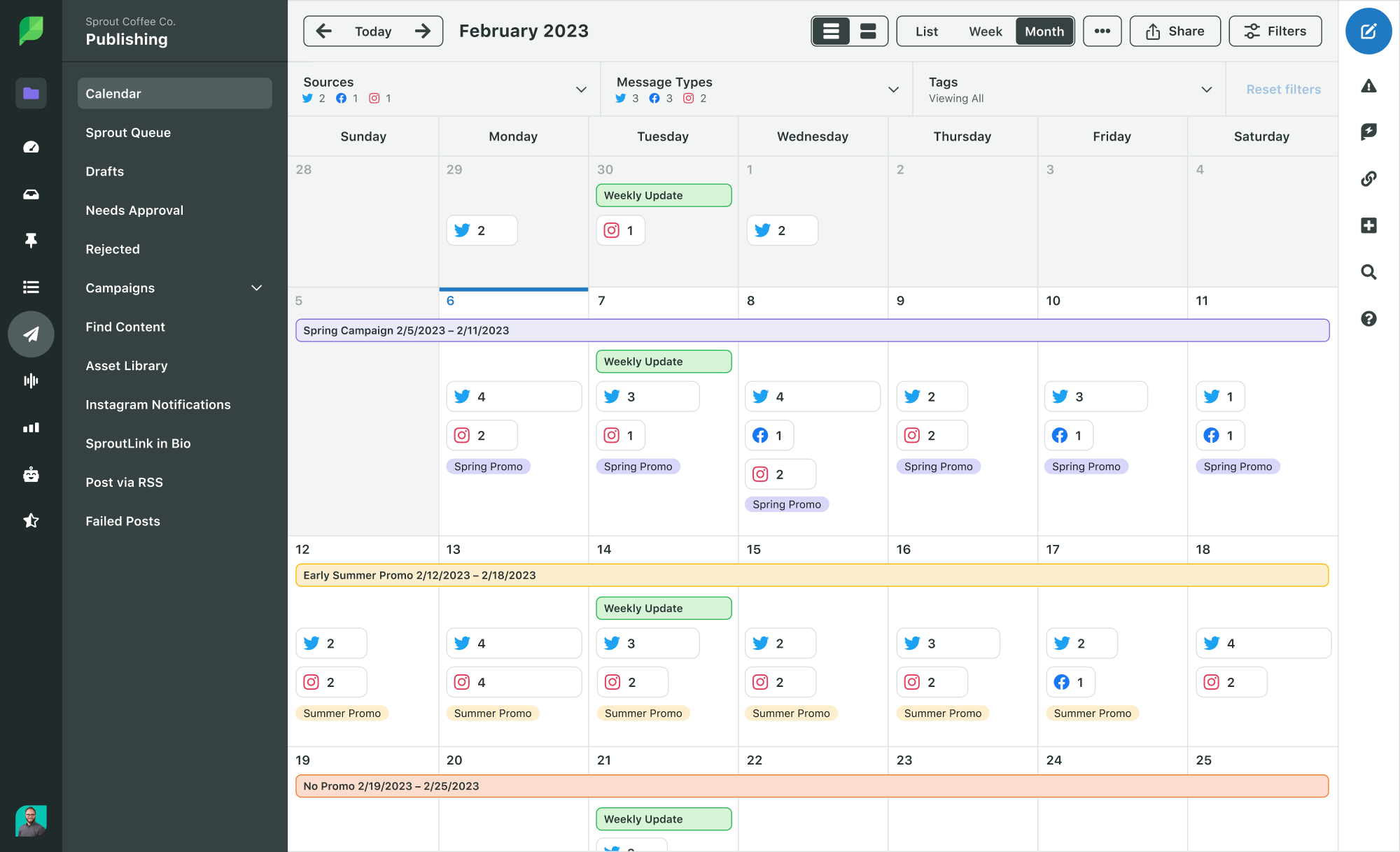 Screenshot of the content calendar in Sprout Social with a weeklong social media campaign with queued posts across multiple platforms during that time.