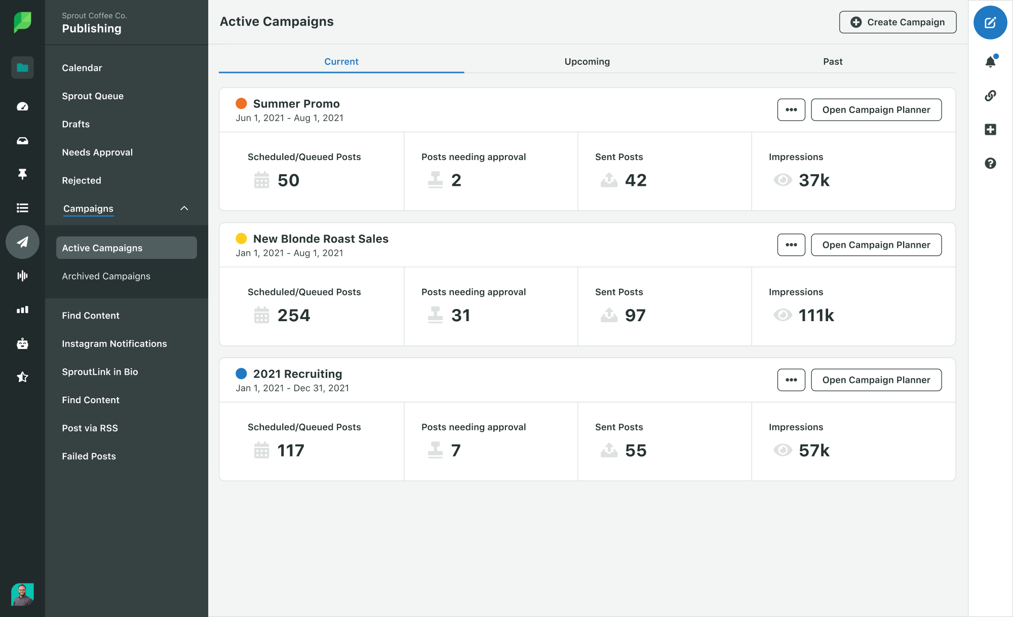 Screenshot of planning multiple social media campaigns in Sprout Social with run-times, scheduled posts, posts approvals and impressions (so far).