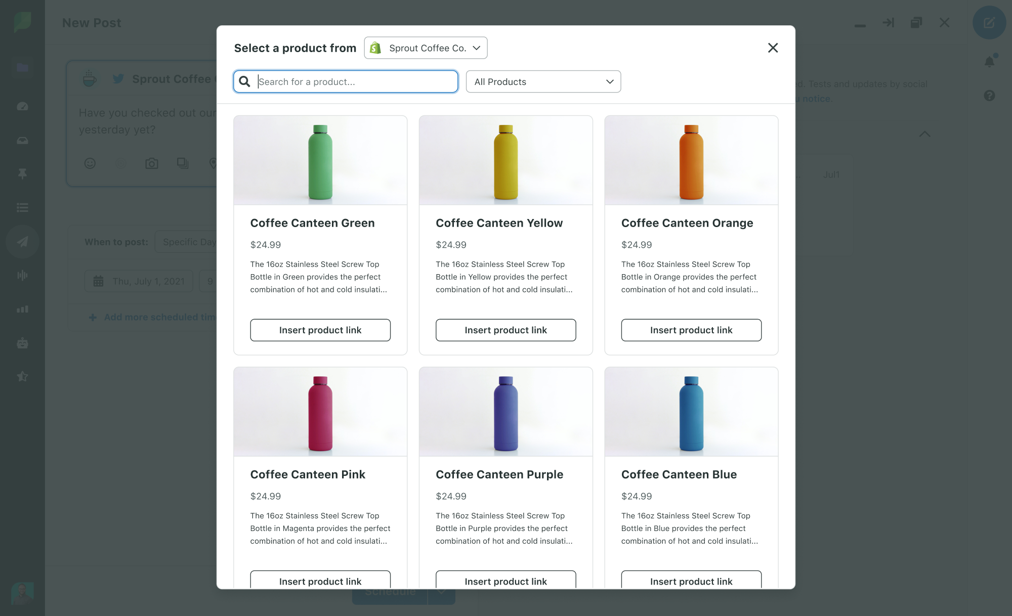 A screenshot of Sprout Social's Shopify integration. In the image, you can see the images and prices of different coffee canteens. 