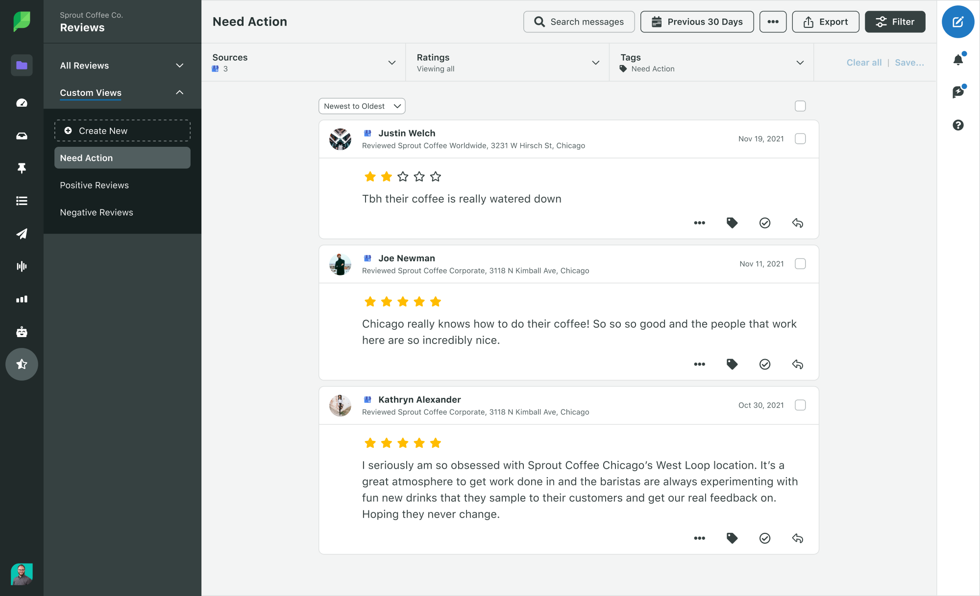 A screenshot of Google My Business reviews integrated in the Sprout platform.