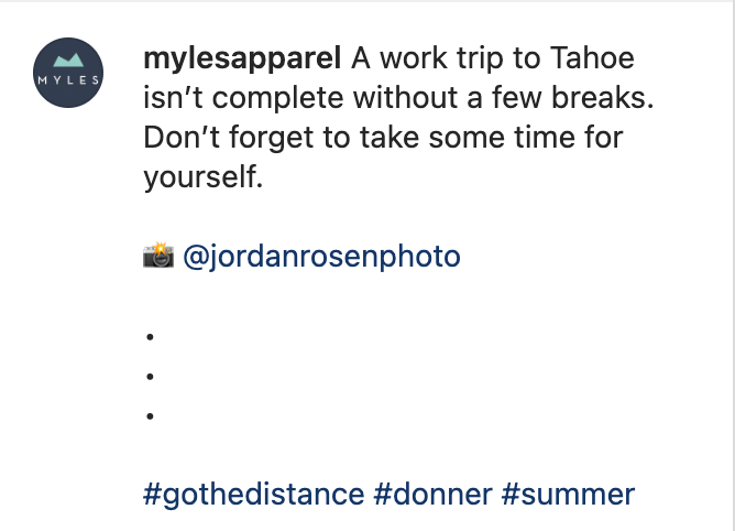 A screenshot of an Instagram caption by Myles Apparel. The image uses the hashtag #donner.
