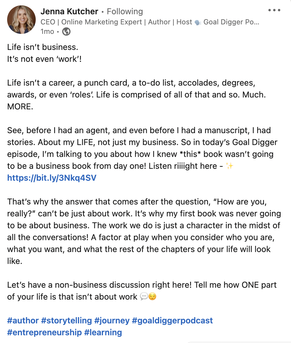 A screenshot of Jenna Kutcher's LinkedIn post. In the post, she shares information about the latest episode of the Goal Digger podcast.