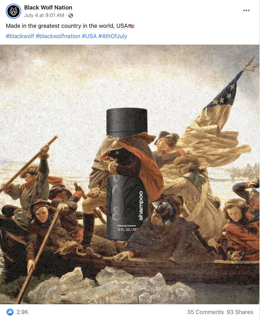 A screenshot of Black Wolf Nation's Facebook post for 4th of July. The image shows a Black Wolf Nation shampoo bottle photoshopped into an artistic depiction of the American Revolution.