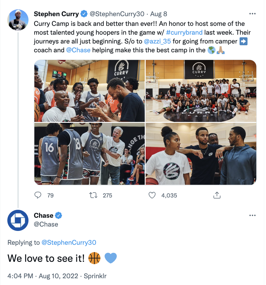 A screenshot of Chase responding to a tweet from basketball star Steph Curry in a tweet where he mentioned a basketball program run by the Chase.