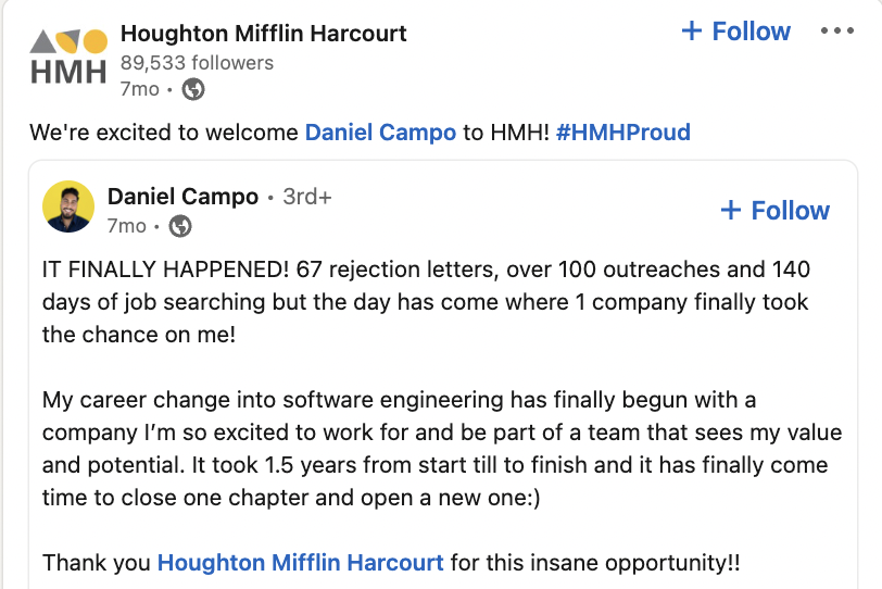 A screenshot of Houghton Mifflin Harcourt responding to an employee who is celebrating being hired.