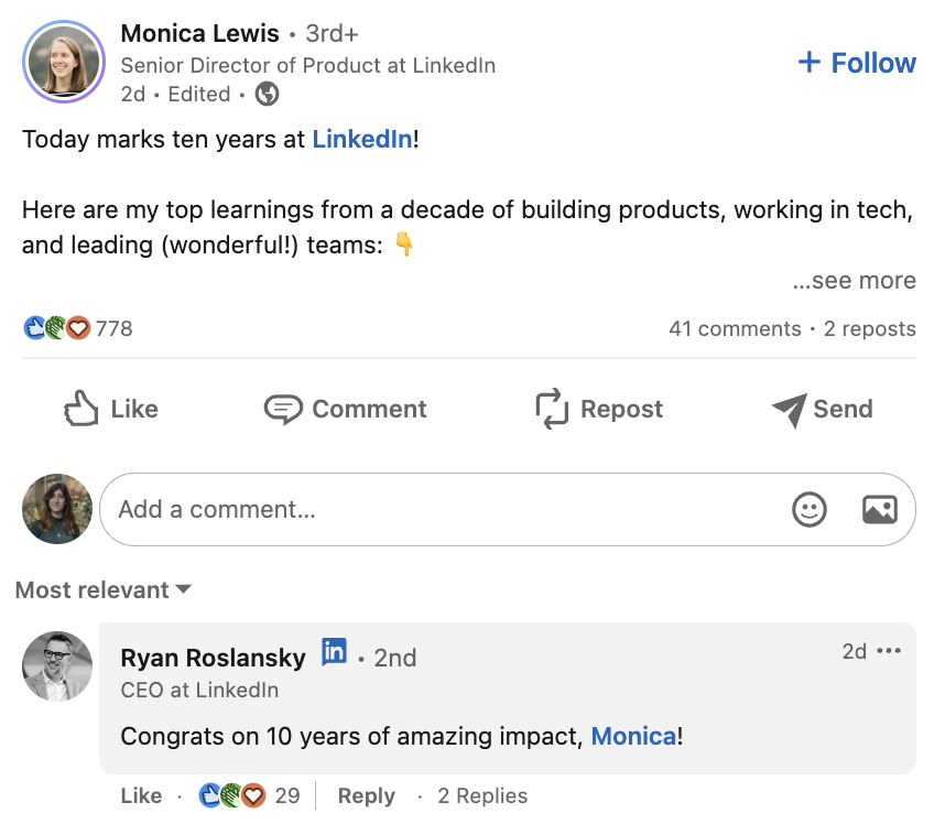 A screenshot of a post by a LinkedIn employee celebrating 10 years at the company and a comment from the CEO congratulating this employee.