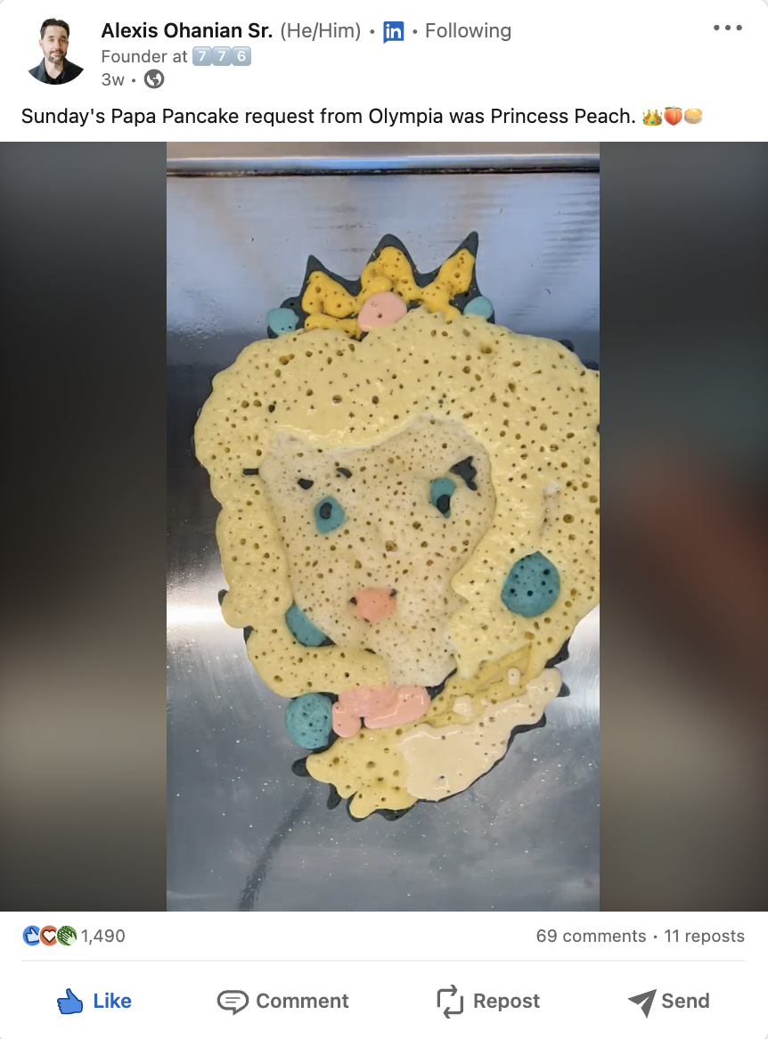 Screenshot of a LinkedIn post by Alexis Ohanian Sr. featuring a video of him making pancake art for his child. 