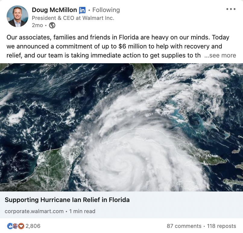 A LinkedIn post by Doug McMillon pledging that Walmart is contributing to Florida's relief efforts from a hurricane.
