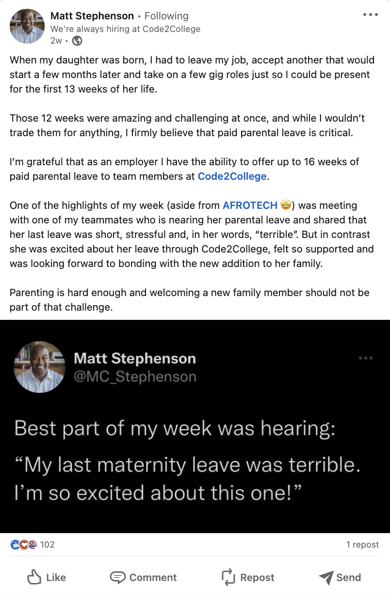 A screenshot of a LinkedIn post by Matt Stephenson featuring a screenshot of a Tweet he wrote and commentary he added to the post. 