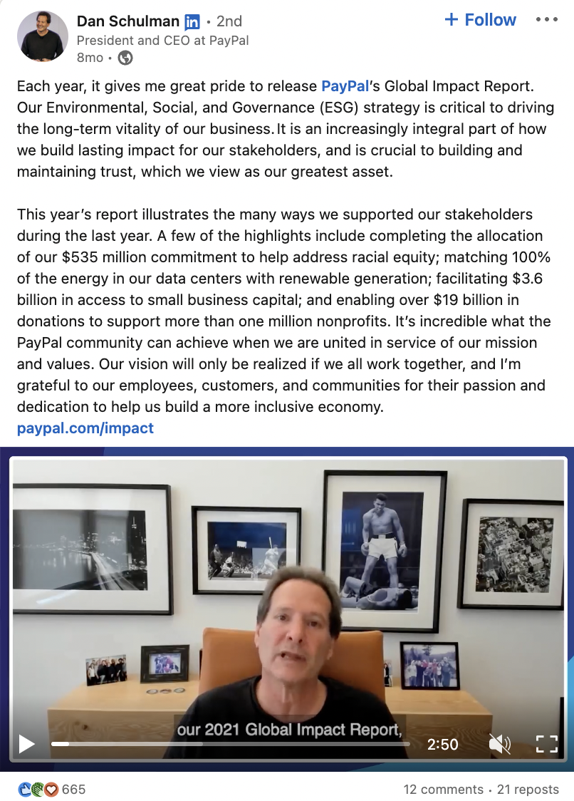 A screenshot of a LinkedIn post by Dan Schulman featuring a video of him talking about PayPal's global impact report and a written part of the post summarizing the video.