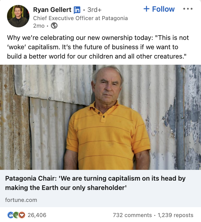 A LinkedIn post by Ryan Gellert about company values and the Patagonia founder donating all proceeds to improving our planet. 