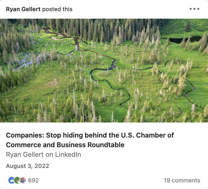 A LinkedIn article by Ryan Gellert that calls out companies who aren't taking action around the climate crisis.