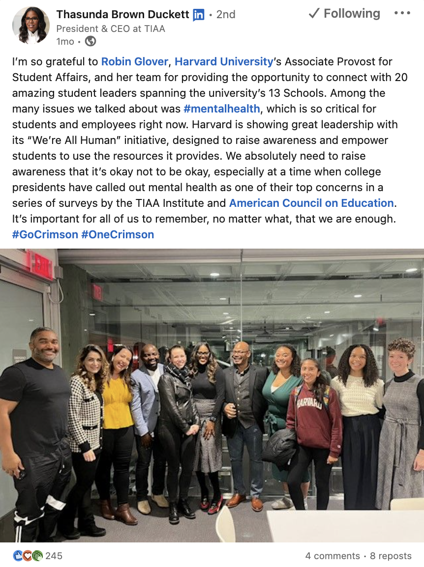 Thasunda Brown Duckett's LinkedIn post highlighting a talk she held with students and the importance of talking about mental health.