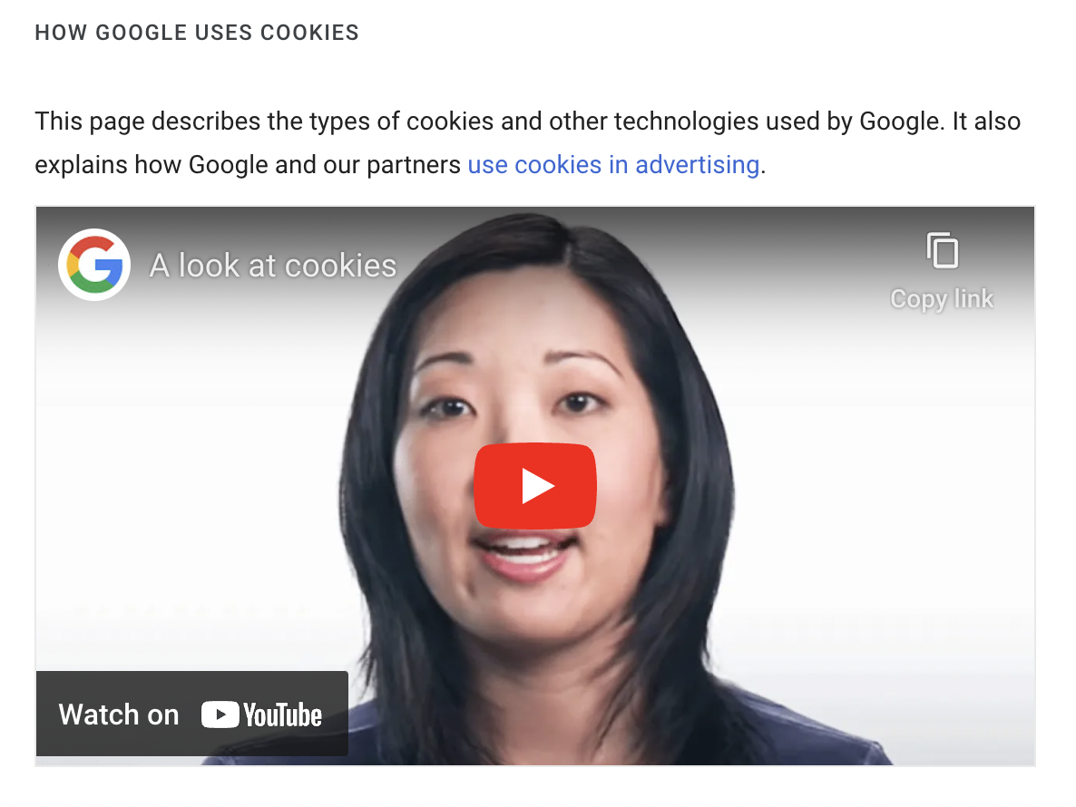 A screenshot of a webpage that reads: How Google uses cookies. The page explains Google's cookie policy and features a video of a woman describing the process.