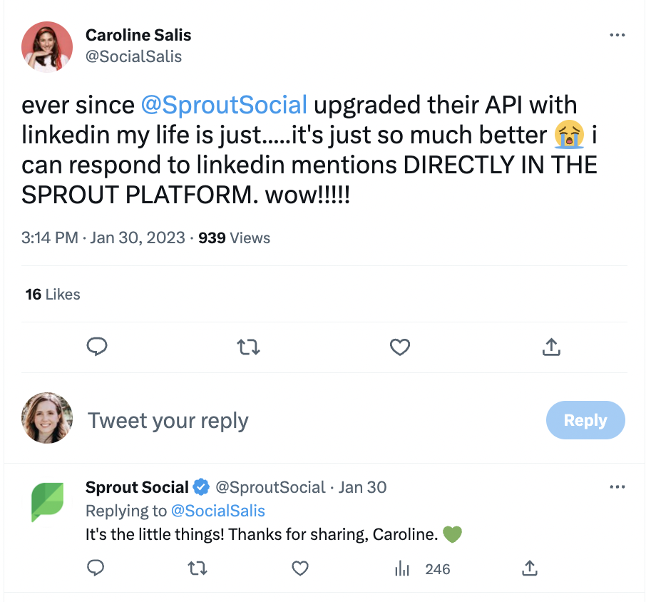 A screenshot of a Twitter exchange between a Sprout user and the Sprout Social Twitter account. In the message, the user raves about a new product feature, and our team responds with gratitude.