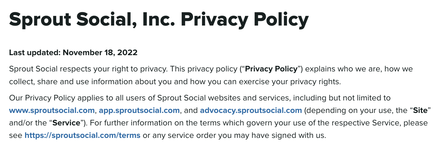 A screenshot of Sprout Social's privacy policy from our website. The policy explains how and why we collect and manage customer data.