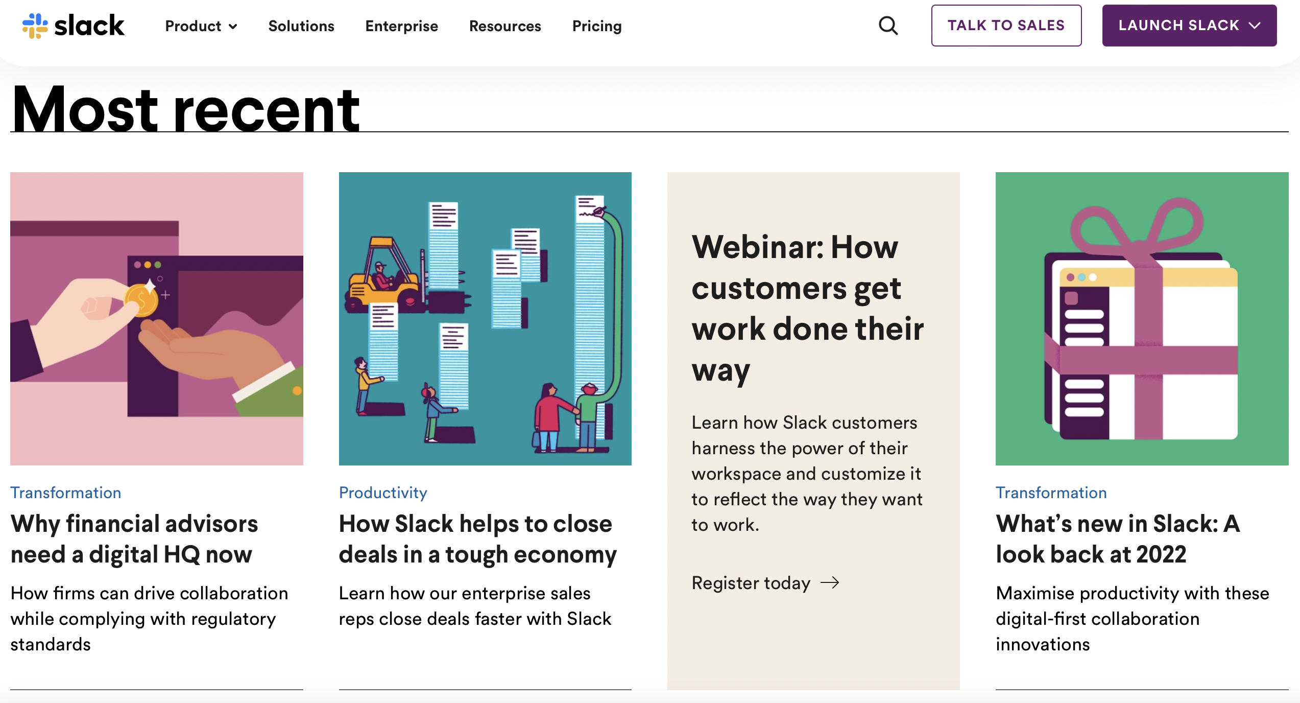 Slack blog homepage showing article thumbnails and white space in between different articles