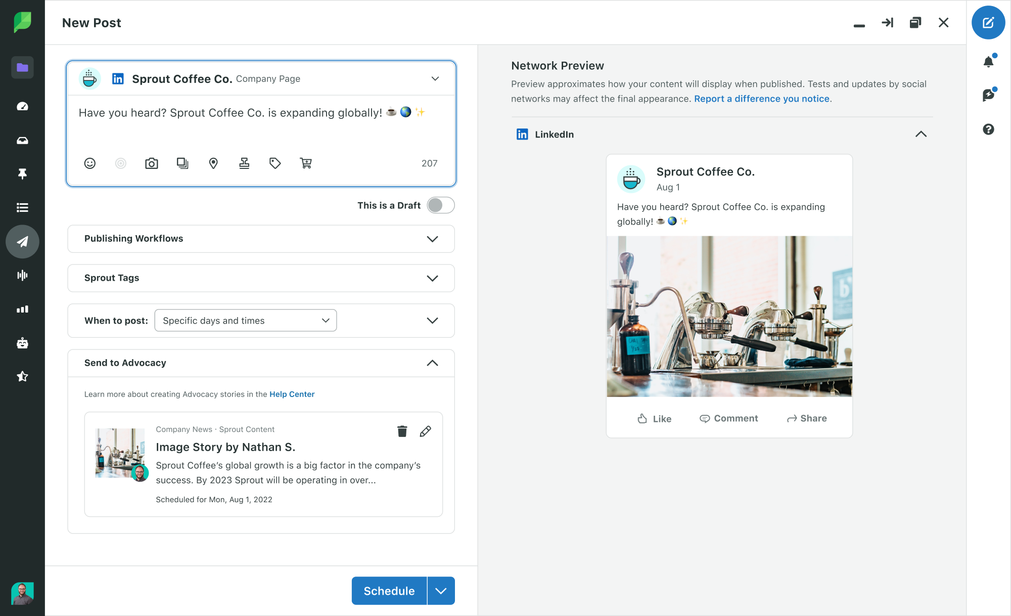 A screenshot showing the integration of Employee Advocacy and Sprout where you can send curated posts for employees to the Advocacy program directly from Sprout's compose window.