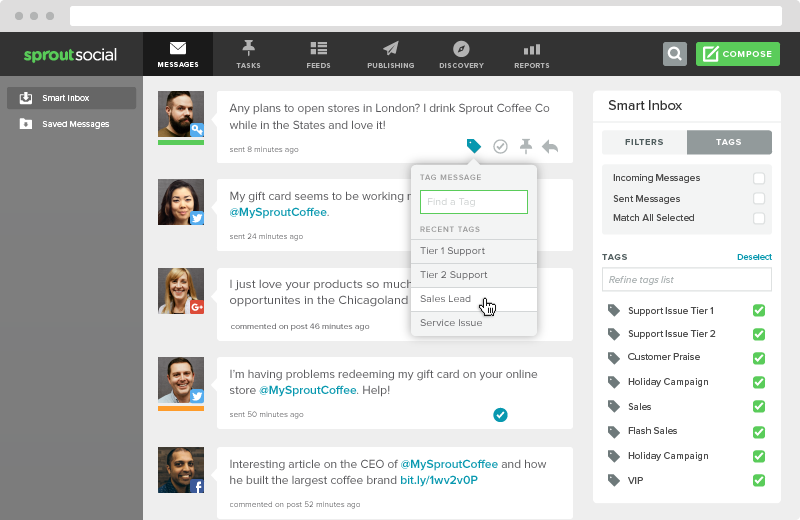 Sprout's smart inbox allows you to tag specific social users as sales leads