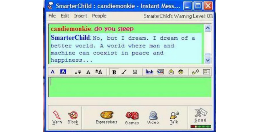 A screenshot of the SmarterChild chatbot responding to a message from AIM user @candiemonkie. 