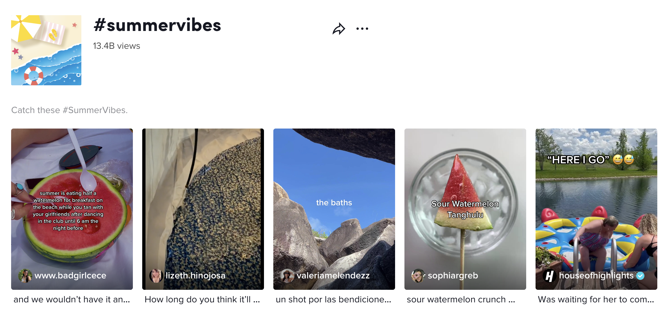 A screenshot of the Tiktok page highlighting videos with the hashtag #summervibes. 5 video thumbnails are shown with images ranging from watermelon to pool parties to mountains. The hashtag has 13.4 billion views.