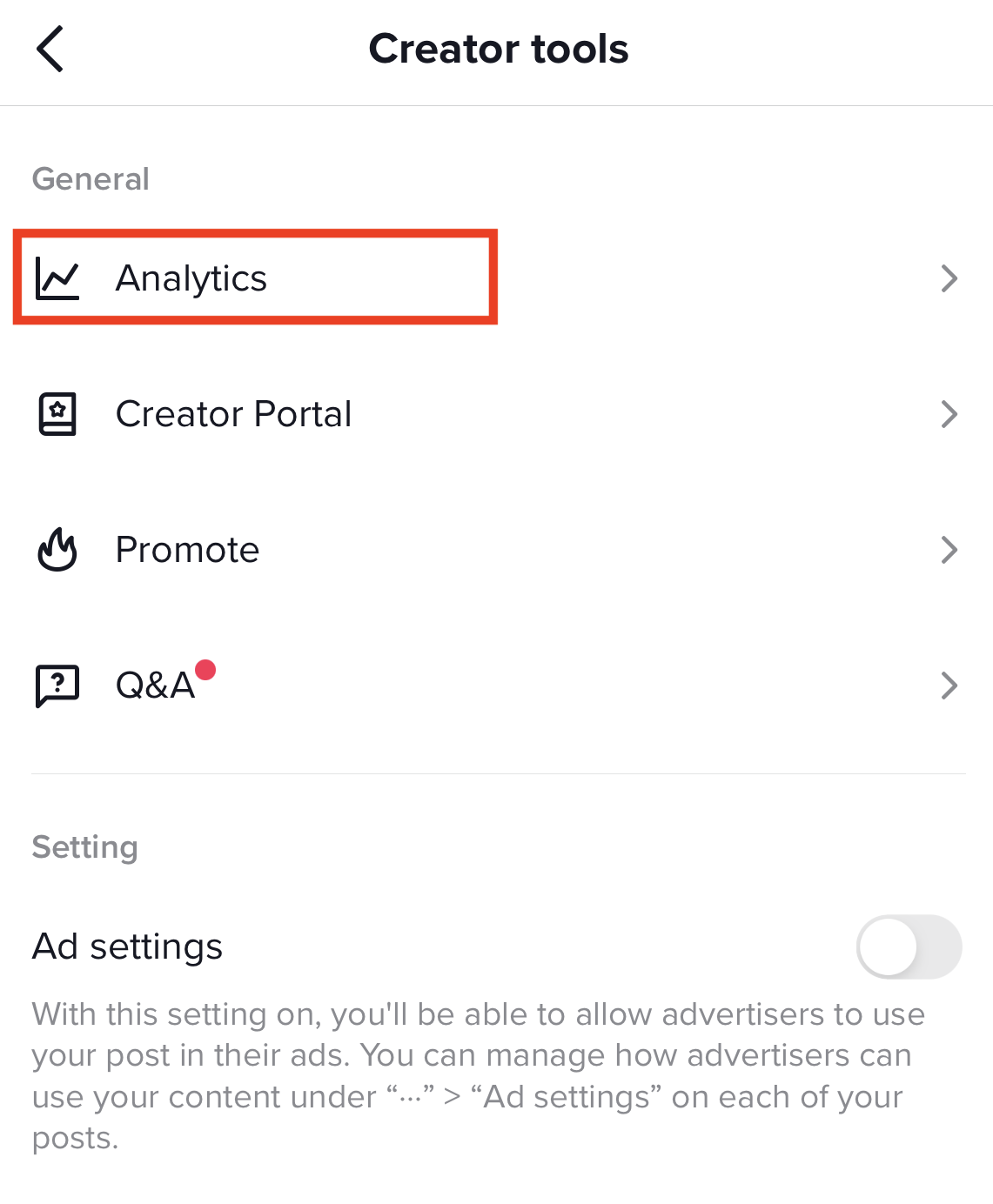 TikTok's creator tools, which features these sections: Analytics, Creator Portal, Promote and Q&A. The Analytic sections is highlighted with a red box. 