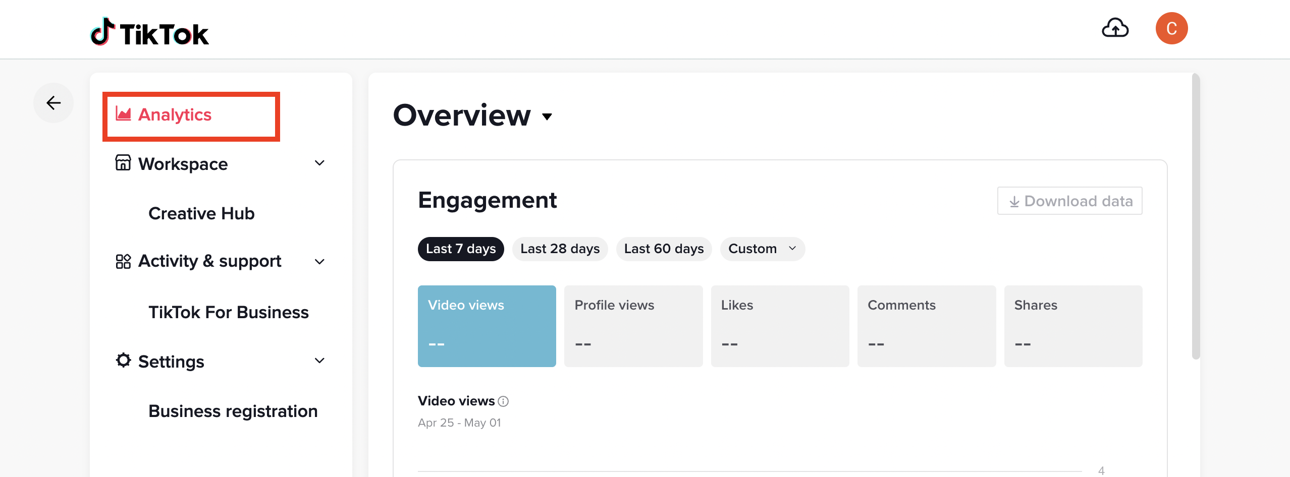 Overview section within TikTok analytics. Engagement is shown for the last seven days. The analytics section along the sidebar is highlighted with a red box. 