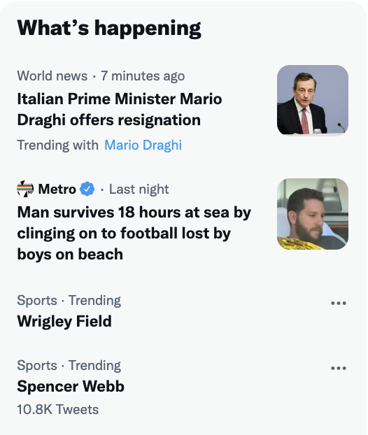 A screenshot of a portion of Twitter's homepage. The header reads "What's happening" with the days top trending stories listed underneath.