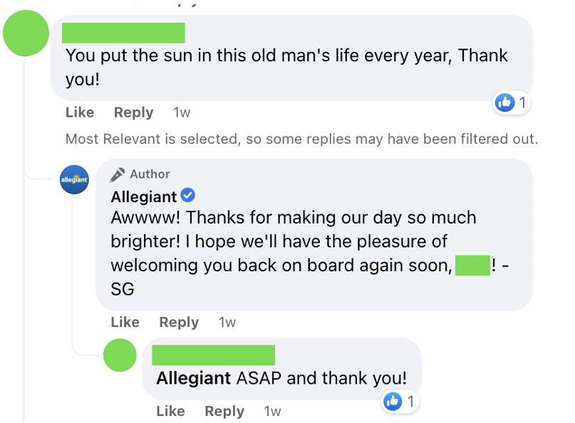 Allegiant responding to a customer praising their airline and service