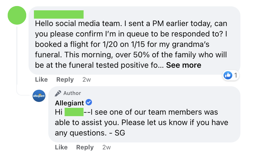 A conversation between a customer and Allegiant Air in which the customer is asking for assistance and Allegiant acknowledges that they have responded to them via DM